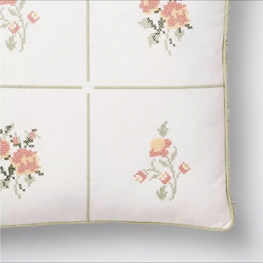 Square Cross-Stitched Floral Pillow Printed Green/Pink - Threshold Studio McGee